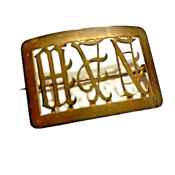 Antique Victorian Brooch Scarf Pin Monogram Insignia Goldtone Brass? Rectangle - Picture 2 of 10